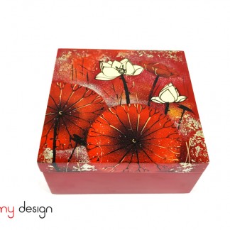 Red square box with hand-painted lotus 16cm